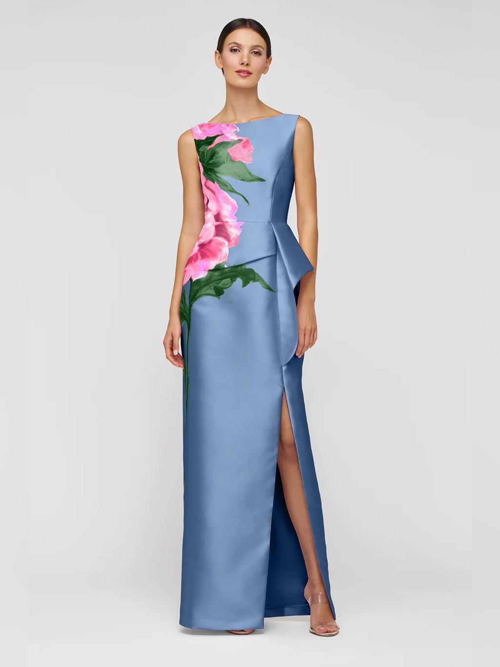 New Kay Unger Luciana Floral Mikado Column Maxi Gown - Pearl Blue Multi Flowers